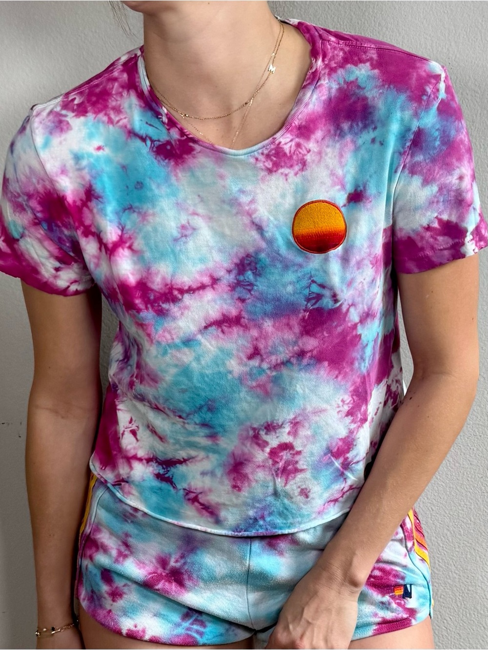 Aviator Nation Pink and Turquoise Tie-Dye Tee with Sunset Patch